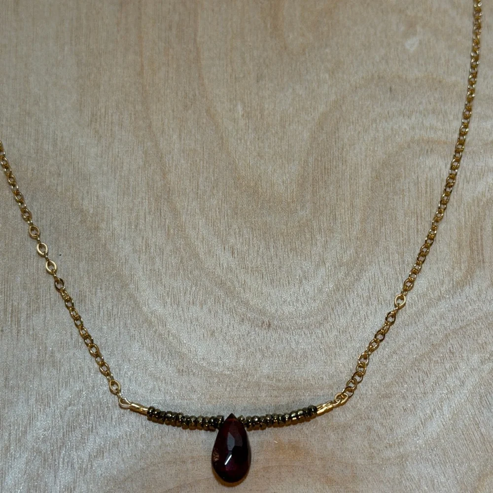 Gold Necklace with Gold‎ Pyrite and Garnet Pendant